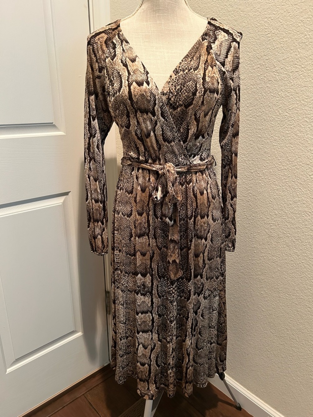 H&M Brown Snake-Print Faux Wrap Midi Dress